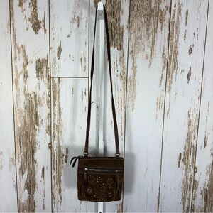 Fossil, Brown Genuine Leather Crossbody Bag with Stud Accents.